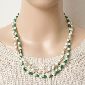 Vintage Aventurine & Genuine Pearl Beaded Necklace Double Strand Sterling Silver